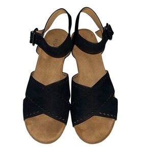 Pesaro Elle Black Faux Suede Cork Wedge Sandals Perforated Strappy Size 8